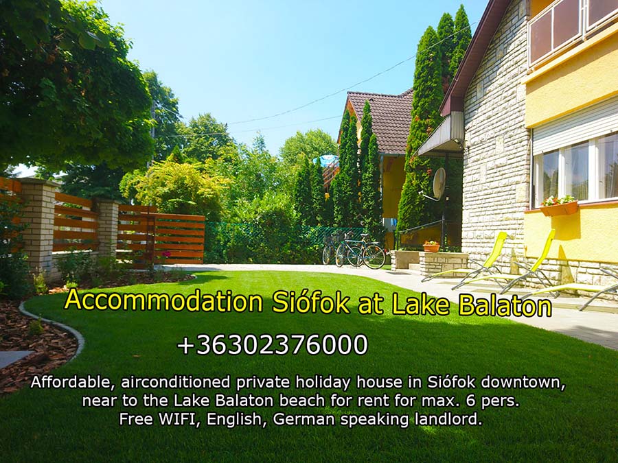 Affordable private accomodation in Siófok downtown, near to the Lake Balaton beach for rent</a>. The house is located in a quiet, elegant, peaceful street in Siófok, but every necessary facility can be easily reached from there - max. 5-10 minutes of walk (main square, beach club, port, shops, market, restaurants, beach, wellness). The owner does not live in the house. The vacation home is perfectly suitable for up to 6 persons. The holiday house has 1 living room, 1 kitchen (equipped with refrigerator, microwave, oven, coffe machine), 3 bedrooms, 1 bathroom, + 2 separated toilets, 1 terrace, 1 balcony, garden and grill equipment. Suitable for families or small groups for relaxation during the hot summer days. Full-comfort apartment for a reasonable, low price.
