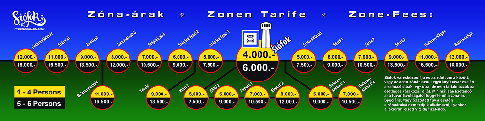 Siófok Taxi Tarife, Flughafen Transfer Preise. Die Taxi Tarife in Siófok sind von dem Stadtrat geregelt. Das Taxi fährt immer von dem Zentrum von Siófok ab. In der Tabelle finden Sie die Tarif-Zonen. Normal Taxi Tarif 1 - 4 Personen in dem gelben - Grossraum Taxi Preis in dem schwarzem Bereich ist zum Finden.