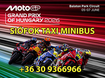 - Balatonfőkajár Balaton Park Circuit - MOTO GP taxi, minibusz fuvarok. Az extrém forgalom jelentősen megnöveli az utazás idejét, ezért a megszokottaktól eltérő árakat alkalmazunk.Taxi Siófok - 0 - 24 órában elérhetők vagyunk. A felsorolt településeken nem működik helybeli taxi szolgáltató, ezért -Mi Siófokról biztosítjuk a taxi szolgáltatást Siófok, Balatonakarattya, Balatonvilágos, Balatonkenese, Balatonfőkajár környékén.Taxi és minibusz rendelés esetén vegyék figyelembe, hogy ataxi mindig Siófokról indul! Leggyakoribb áraink a Balaton Park Circuit kiemelt rendezvényei idején: - Taxi ár 4 főig: Siófok belváros: 30.000,- Ft-tól / út. - Minibusz-taxi ár 8 főig: Siófok belváros: 40.000,- Ft-tól / út. Taxi és minibusz rendelés esetén vegyék figyelembe, hogy a taxi mindig Siófokról indul.  Taxi rendelés: +36309366966