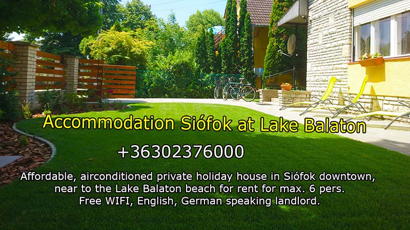 Affordable private accomodation in Siófok downtown, near to the Lake Balaton beach for rent</a>. The house is located in a quiet, elegant, peaceful street in Siófok, but every necessary facility can be easily reached from there - max. 5-10 minutes of walk (main square, beach club, port, shops, market, restaurants, beach, wellness). The owner does not live in the house. The vacation home is perfectly suitable for up to 6 persons. The holiday house has 1 living room, 1 kitchen (equipped with refrigerator, microwave, oven, coffe machine), 3 bedrooms, 1 bathroom, + 2 separated toilets, 1 terrace, 1 balcony, garden and grill equipment. Suitable for families or small groups for relaxation during the hot summer days. Full-comfort apartment for a reasonable, low price.