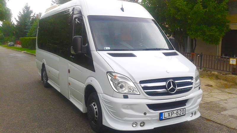 Vienna to Budapest by bus, coach transfers Group bus transfer. with 18, seater Mercedes Sprinter bus. Fully air-conditioned, premium category. We recommend this bus for companies, travel agencies, bigger groups for airport transfers, scenic tours or international trips.