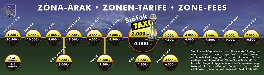 The taxi prices in Siófok are standardized and established by the decree of the city council. Our city has standard taxi prices, the taxi always leaves from the center of the city. You can find the prices for 1-4 passengers (standard taxi) in the yellow and for 5-6 passengers (minivan taxi or MPV) int he dark sections of the zone-fee table. The prices of the long-distance trips and airport transfers are not regulated. Our goal is NOT to be one of the cheapest, untrustworthy providers. We would like to provide quality for a reasonable price. 